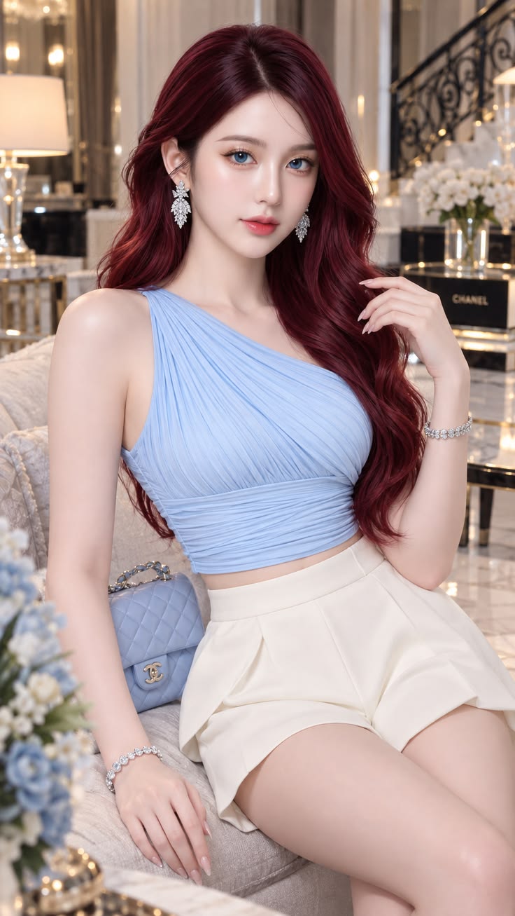 Foto editorial wanita dengan rambut merah marun di ruangan elegan